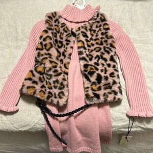 Rachel Zoe turtleneck sweater dress pink leopard faux vest leather belt